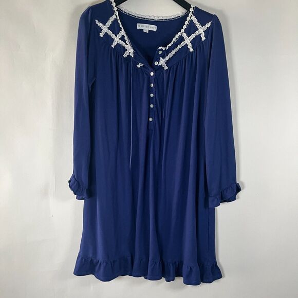 Eileen West Nightgown Short XS Prairie Cottage Ruffle‎ Crochet Ranch Navy Blue - Picture 1 of 7